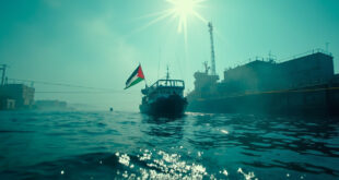 Empty sailing vessel flying Palestinian flag intercepted behind maritime barriers in abandoned Mediterranean harbor