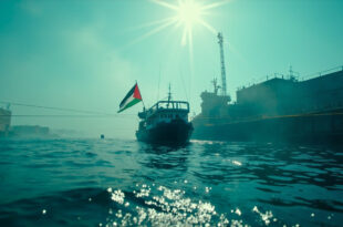 Empty sailing vessel flying Palestinian flag intercepted behind maritime barriers in abandoned Mediterranean harbor
