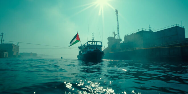 Empty sailing vessel flying Palestinian flag intercepted behind maritime barriers in abandoned Mediterranean harbor