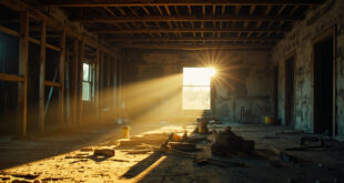 Abandoned renovation project in empty New England farmhouse with scattered tools on wooden floor beneath exposed beams