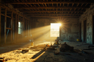 Abandoned renovation project in empty New England farmhouse with scattered tools on wooden floor beneath exposed beams