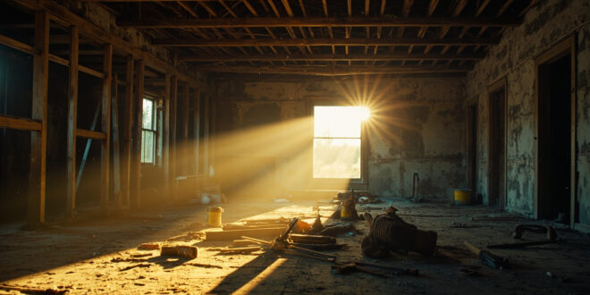 Abandoned renovation project in empty New England farmhouse with scattered tools on wooden floor beneath exposed beams