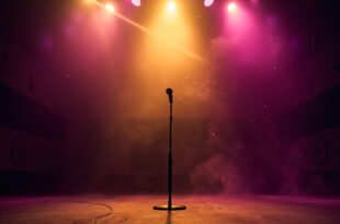 Empty concert stage with lone microphone stand illuminated by golden spotlight against deep purple background in abandoned hall