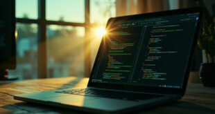 Unattended laptop showing automation workflow code on a clean monitor in a minimalist developer workspace at dawn