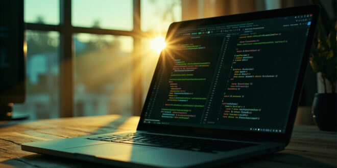 Unattended laptop showing automation workflow code on a clean monitor in a minimalist developer workspace at dawn