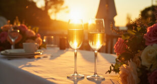 Crystal champagne flutes arranged on white linen tablecloth with floral decorations at waterfront garden during golden hour