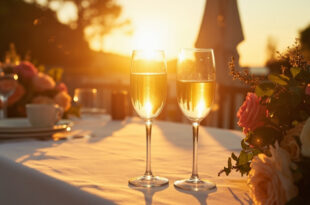 Crystal champagne flutes arranged on white linen tablecloth with floral decorations at waterfront garden during golden hour