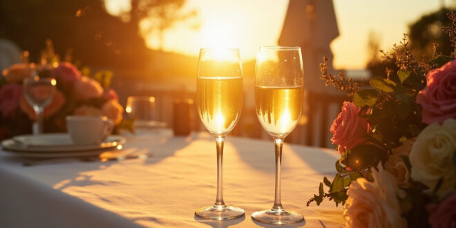 Crystal champagne flutes arranged on white linen tablecloth with floral decorations at waterfront garden during golden hour