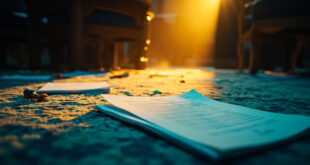 Official trade documents scattered across mahogany conference table in empty G7 summit room after negotiations