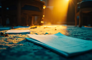 Official trade documents scattered across mahogany conference table in empty G7 summit room after negotiations