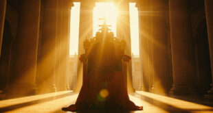 Empty ornate papal throne with golden cross illuminated by golden hour light in a deserted Vatican courtyard