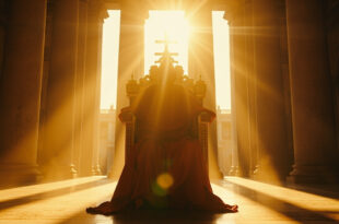 Empty ornate papal throne with golden cross illuminated by golden hour light in a deserted Vatican courtyard