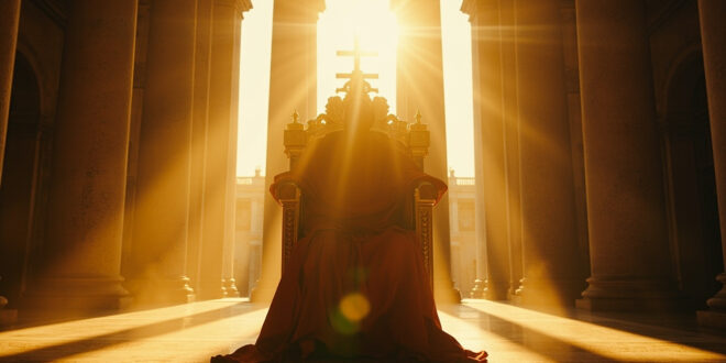 Empty ornate papal throne with golden cross illuminated by golden hour light in a deserted Vatican courtyard