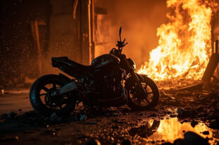 Overturned motorcycle with spilled gasoline in charred garage of burned residential area after house fire accident
