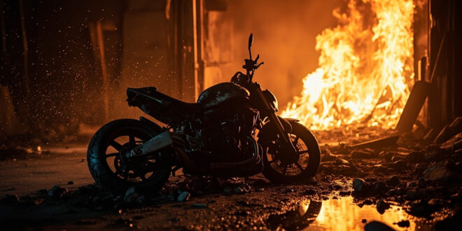 Overturned motorcycle with spilled gasoline in charred garage of burned residential area after house fire accident