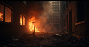 Devastated apartment interior with smoking electric scooter battery near window after high-rise fire explosion