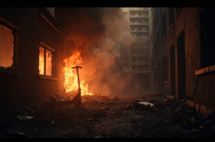 Devastated apartment interior with smoking electric scooter battery near window after high-rise fire explosion