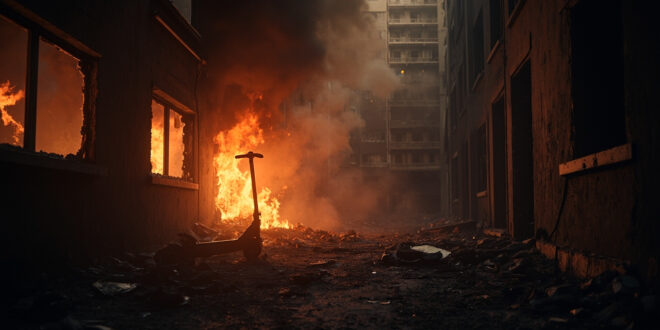 Devastated apartment interior with smoking electric scooter battery near window after high-rise fire explosion