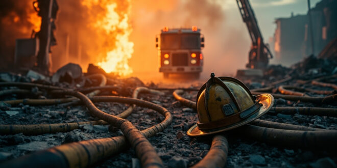 Empty fire truck with extended ladder parked near damaged building, abandoned fire helmet on ground after emergency rescue