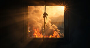 Empty rescue rope dangling from second-floor window of smoke-filled abandoned apartment building at dawn during fire emergency