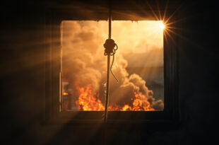 Empty rescue rope dangling from second-floor window of smoke-filled abandoned apartment building at dawn during fire emergency