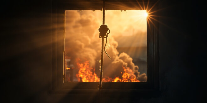 Empty rescue rope dangling from second-floor window of smoke-filled abandoned apartment building at dawn during fire emergency