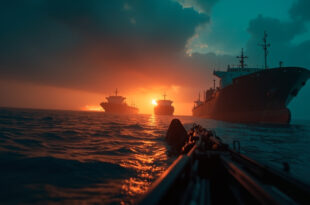 Abandoned oil tankers float in the deserted Strait of Hormuz at twilight, dark waters contrasting with orange flames