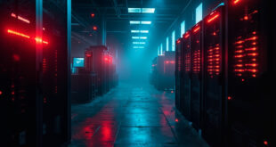 Abandoned cybersecurity command center at night with server racks displaying red warning indicators in a darkened control room