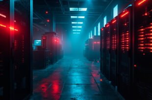 Abandoned cybersecurity command center at night with server racks displaying red warning indicators in a darkened control room