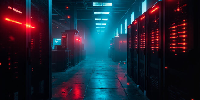 Abandoned cybersecurity command center at night with server racks displaying red warning indicators in a darkened control room