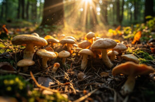 Abundant harvest of fresh mushrooms displayed on mossy forest floor in Beskydy mountains, earthy browns against green moss