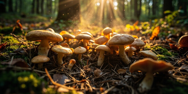 Abundant harvest of fresh mushrooms displayed on mossy forest floor in Beskydy mountains, earthy browns against green moss