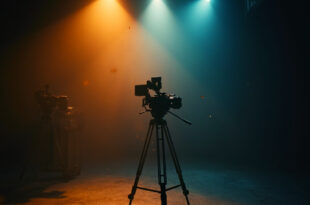 Empty television studio with dimmed lights and dormant camera equipment on tripod, bathed in warm amber and deep blue tones