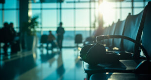 Empty airport sensory room with noise-canceling headphones on chair, soft blue lighting creating calm refuge space