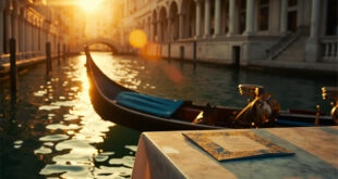 Empty gondola waits at Venetian palace steps at golden hour with ornate wedding invitation visible on marble table