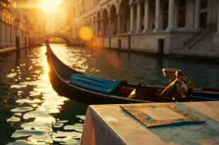 Empty gondola waits at Venetian palace steps at golden hour with ornate wedding invitation visible on marble table