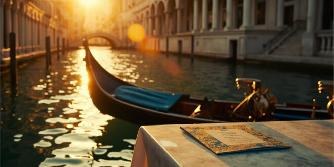 Empty gondola waits at Venetian palace steps at golden hour with ornate wedding invitation visible on marble table