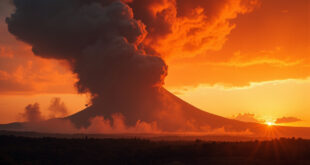 Twin-peaked Indonesian volcano erupts with massive ash column billowing skyward against orange dusk sky