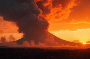 Twin-peaked Indonesian volcano erupts with massive ash column billowing skyward against orange dusk sky