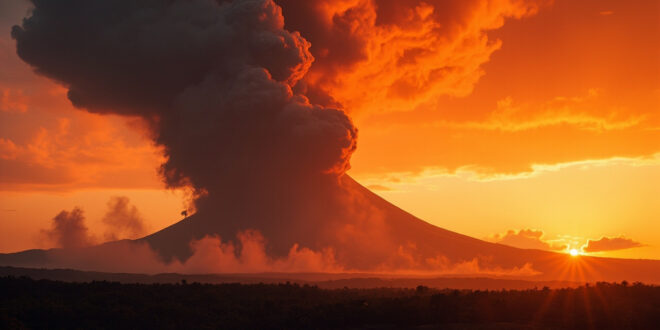 Twin-peaked Indonesian volcano erupts with massive ash column billowing skyward against orange dusk sky