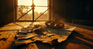 Torn ceasefire agreement papers scattered across an empty table in an abandoned conflict zone at dawn