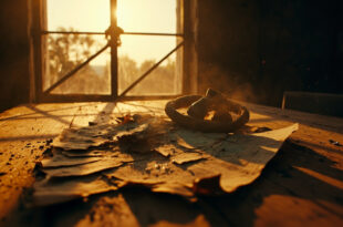 Torn ceasefire agreement papers scattered across an empty table in an abandoned conflict zone at dawn