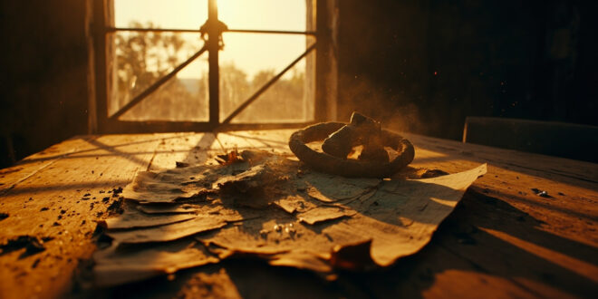 Torn ceasefire agreement papers scattered across an empty table in an abandoned conflict zone at dawn
