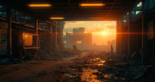 Abandoned control room in nuclear facility at dawn after strike, with damaged reactor containment and warning lights