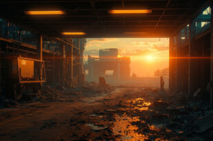 Abandoned control room in nuclear facility at dawn after strike, with damaged reactor containment and warning lights