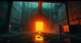 Abandoned nuclear research facility with sealed containment doors and warning lights at dusk during diplomatic crisis