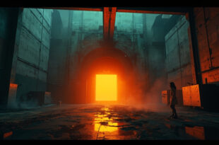 Abandoned nuclear research facility with sealed containment doors and warning lights at dusk during diplomatic crisis