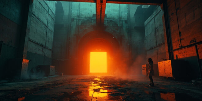 Abandoned nuclear research facility with sealed containment doors and warning lights at dusk during diplomatic crisis