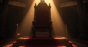 Empty ornate throne with official seal sits abandoned in a darkened government chamber at dusk, bathed in burgundy and gold light.