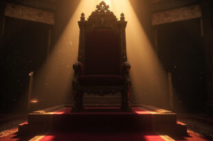 Empty ornate throne with official seal sits abandoned in a darkened government chamber at dusk, bathed in burgundy and gold light.